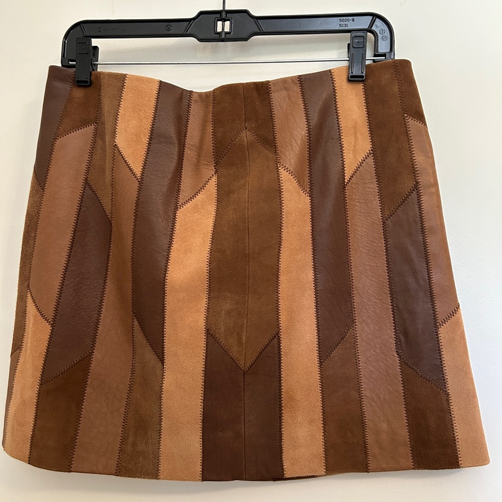 FRAME Brown Lamb Leather & Goat Suede Patchwork Skirt